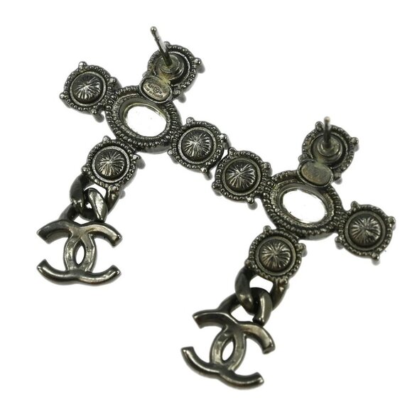 Chanel Dangle Pierced Earrings Rhinestone Silver - Picture 2 of 5